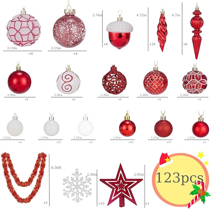 123pcs Christmas Ball Ornaments Set, Shatterproof Plastic Balls for Classic Xmas Decorations, Hanging Ornaments for Christmas Tree, Holiday, Bridal, Home Party, Red and White