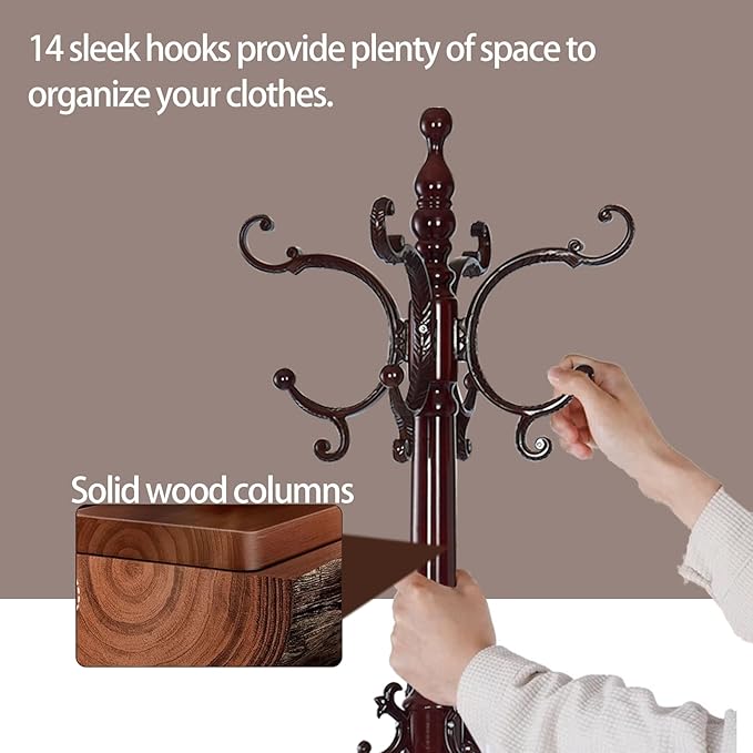 Wooden Coat Racks, Retro 78" Coat Tree with 14 Hooks & Stable Triangular Base, Entryway Coat Rack Freestanding for Hat, Clothes, Scarves, Handbags, Umbrella (Mahogany)