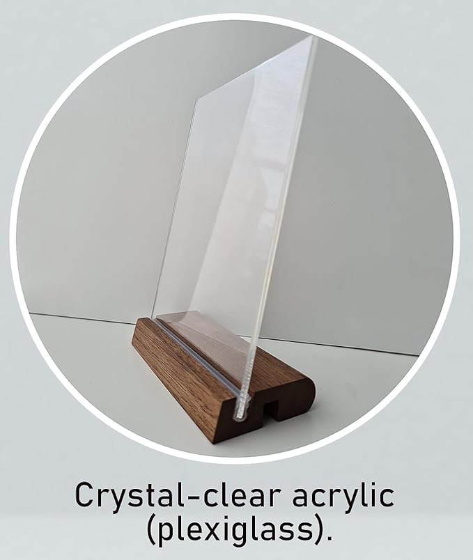 Acrylic Sign Holder 5x7" [3-PACK] | Walnut Wood Base and Crystal-Clear Acrylic Frame: Double-Sided Tabletop Display. Menu Holder, Picture Frame, Store Sign, Display Stand or Booth Display.