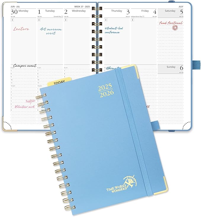 POPRUN Academic Planner 2025-2026 (July 2025-June 2026), Daily Weekly and Monthly Appointment Book (Wirebound Hard Cover - 6.25'' x 8.5'') with Hourly Time Slots, Tabs, 100 GSM - Haze Blue