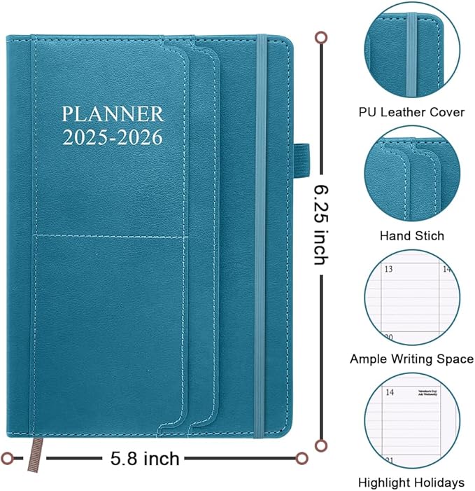 Planner 2025-2026 - 18 Months Academic Planner 5.8" x 8.5", 2025-2026 Weekly & Monthly Agenda with Pen Holder, Vegan Leather Hard Cover, Blue