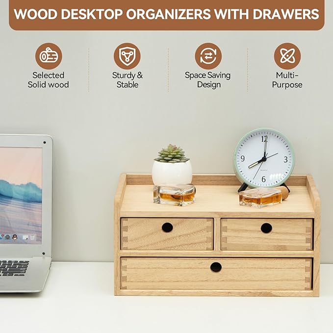 KIRIGEN Wood Organizer Shelf with 3 Drawers for Home Kicthen Decor Office Supplies Desktop Cabinet for Drawer Organizer - Desk Accessories Storage Box -Countertop Shelf Natural（DT2D3C-NA）