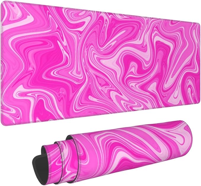 Hot Pink Digital Marble Fluid Liquid Marbled Pattern Topographic Contour Gaming Mouse Pad 31.5 X 11.8 Inch XL Extended Large Keyboard Non-Slip Rubber Base with Stitched Edges for Home Office