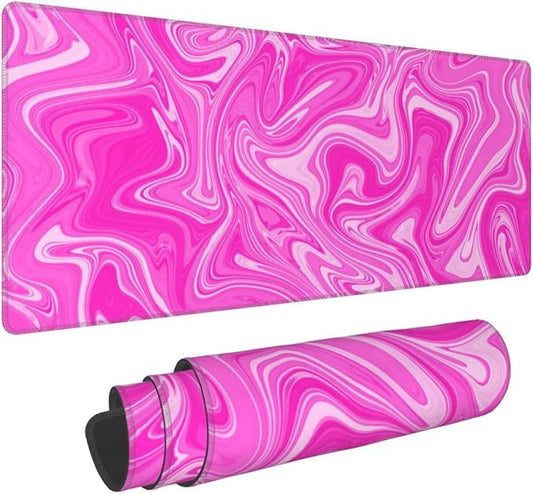 Hot Pink Digital Marble Fluid Liquid Marbled Pattern Topographic Contour Gaming Mouse Pad 31.5 X 11.8 Inch XL Extended Large Keyboard Non-Slip Rubber Base with Stitched Edges for Home Office