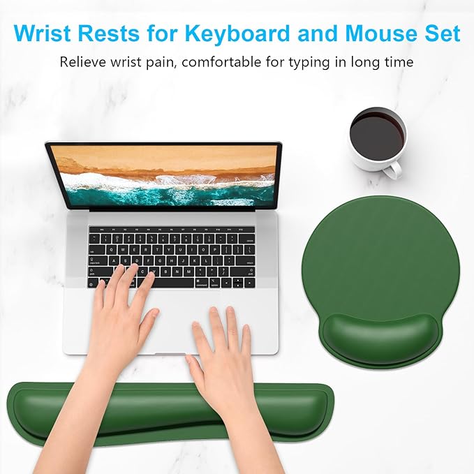 Dapesuom Keyboard Wrist Rest and Mouse Pad with Wrist Support, Cute Memory Foam Cushion for Keyboard and Mouse Set, Ergonomic Pad Rests with Non Slip Base for Easy Typing & Pain Relief, Forest Green