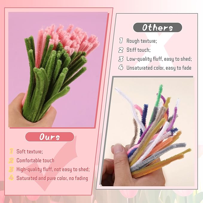 Pipe Cleaner Flowers Pink Pipe Cleaners Set Chenille Stems Green Pipe Cleaner Flower Kit Pipe Cleaners Bulk with Floral Wire Instructions for DIY Art and Craft Projects Creative(10 Flowers)