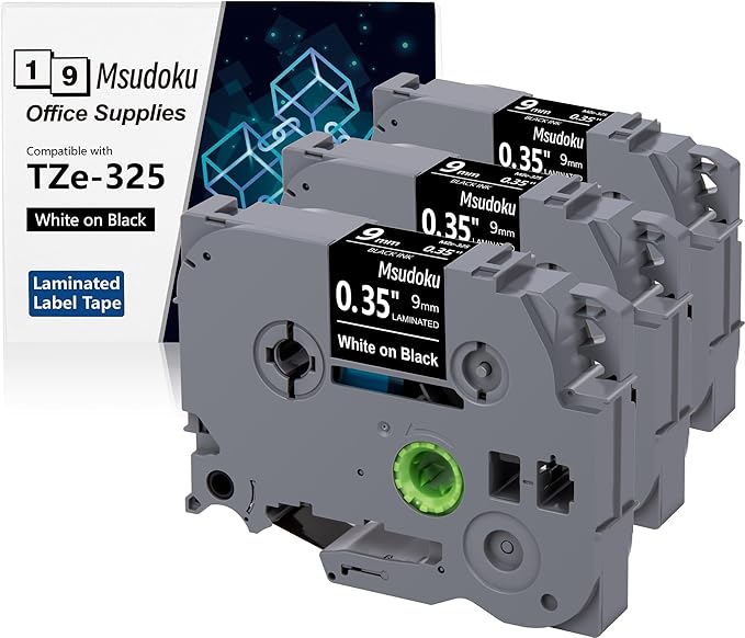 Tz Tape 9mm 0.35 Laminated Black Compatible for Brother TZe-325 TZe325 Label Maker Tape for PT D200 D210 D220 D400 Cube, White on Black, 3/8 Inch x 26.2 Feet, 3-Pack