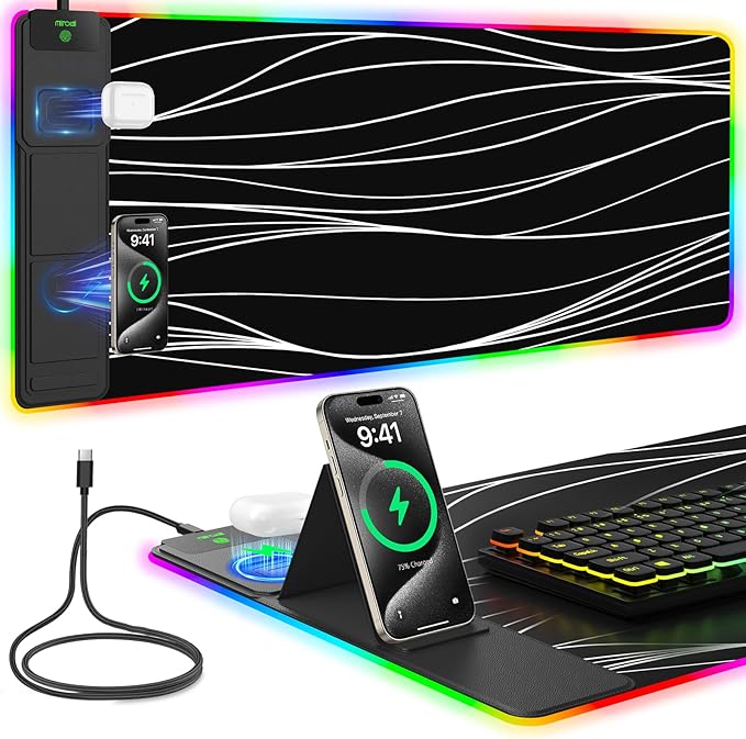 Mouse Pad with Foldable Phone Holder & Wireless Charger, XXL RGB Gaming Mousepad 31.5"x15.8" Large Desk Mat for Keyboard, Black Desk Pad with Dual Qi Charging Station | 11 Colors 5 Modes | Waterproof