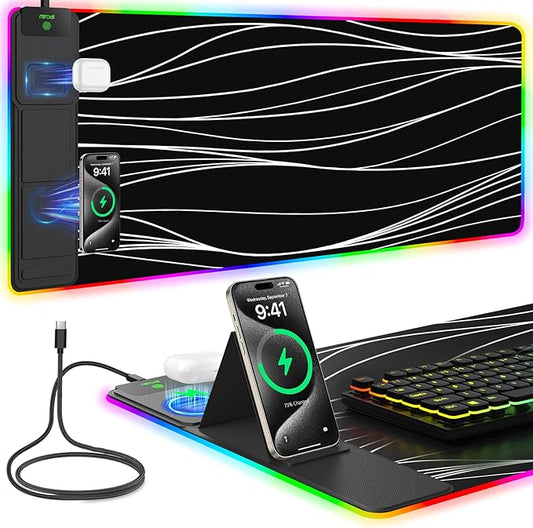 Mouse Pad with Foldable Phone Holder & Wireless Charger, XXL RGB Gaming Mousepad 31.5"x15.8" Large Desk Mat for Keyboard, Black Desk Pad with Dual Qi Charging Station | 11 Colors 5 Modes | Waterproof