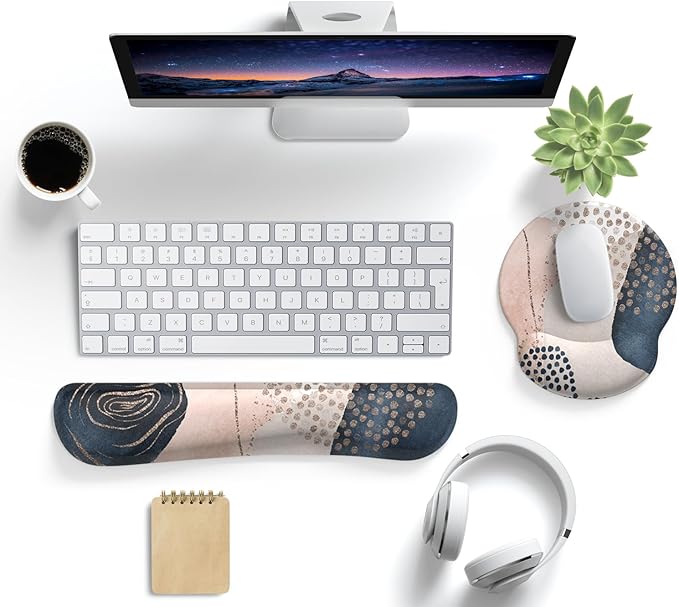 Ergonomic Boho Mouse Pad with Wrist Support Gel and Keyboard Wrist Rest, Non-Slip Pu Base Gaming Kawaii Cute Mouse Pad for Boho Office Decor, Easy Typing & Pain Relief