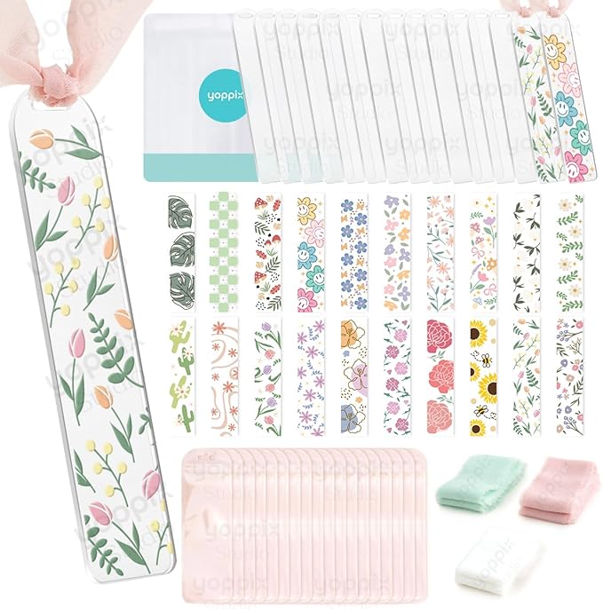 15 Pieces Acrylic Bookmark Blanks (3mm) Thicken Bookmark Making Kit with 20 Pcs Floral UV DTF Sticker, 15 Pcs Ribbon, Suitable for DIY Your Crafts Gifts