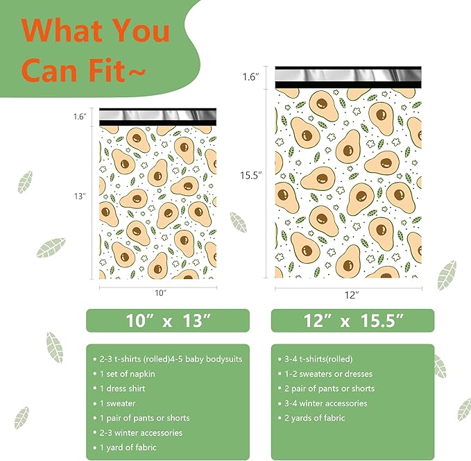 Poly Mailers 12x15.5 Inch 50 Pcs - Avocado printed Shipping Bags, 2.4mil Thickness, Waterproof and Tear Resistant Mailing Envelopes, Self-Sealing Packaging Bags for Small Business