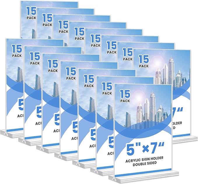 Acrylic Sign Holder, 5x7, 15 Pack Vertical Clear Table Menu Display, Double Sided, Plastic Stand, Suitable for Restaurants, Office, Store, Fair