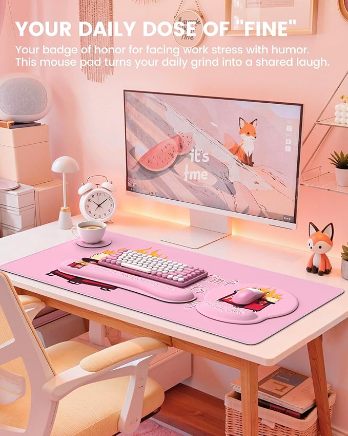 HAOCOO Ergonomic Mouse Pad with Wrist Support, 4-in-1 Cute Desk Mat with Non-Slip Base, Pink Laptop Pad, Keyboard Wrist Rest, Cute Coaster, Easy Typing Pain Relief Mousepad for Office, Home, School