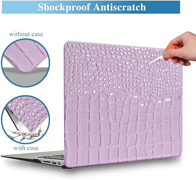 KEROM Compatible with Crocodile MacBook Air 13 inch Case 2021 2020 2019 2018 M1 A2337 A2179 A1932, Textured Elegant Luxury Aligator Skin Snakeskin PU Leather Hard Shell & Keyboard Cover, Lilac