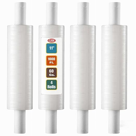 Stretch Wrap with Handle Industrial Strength 4 Pack 11" x 1000 Ft 60 Gauge Thick (15 Micron) Shrink Wrap Roll for Moving Supplies, Furniture, Pallets, Plastic Wrap for Packing, Heavy Duty Stretch Film