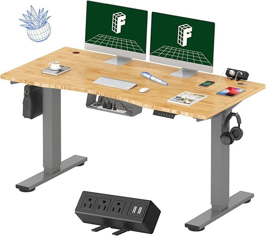 FLEXISPOT EN2 Whole-Piece Bamboo Standing Desk with Clamp Power Strip, 55 x 28 Electric Stand Up Height Adjustable Desk with Cable Management (Grey Frame + 55" Bamboo Top, 2 Packages)