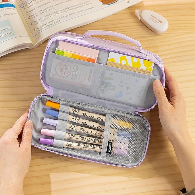 MAMUNU Pencil Case Large Capacity with 3 Compartments, Pencil Case Pouch Bag with Zipper Handle Portable Pen Stationery Organizer for Teen Girls Adults College School Office Travel, Purple