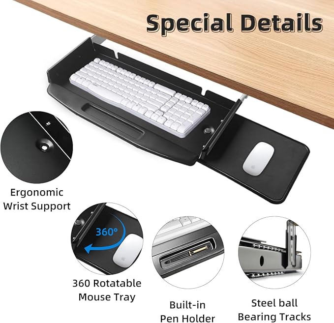 Solid Steel Under Desk Keyboard Tray Slide Out with 360° Rotating Mouse Platform,Keyboard Shelf Sliding,Under Desk Mounted Keyboard Holder,Under Desk Keyboard Drawer 28"Lx10"W