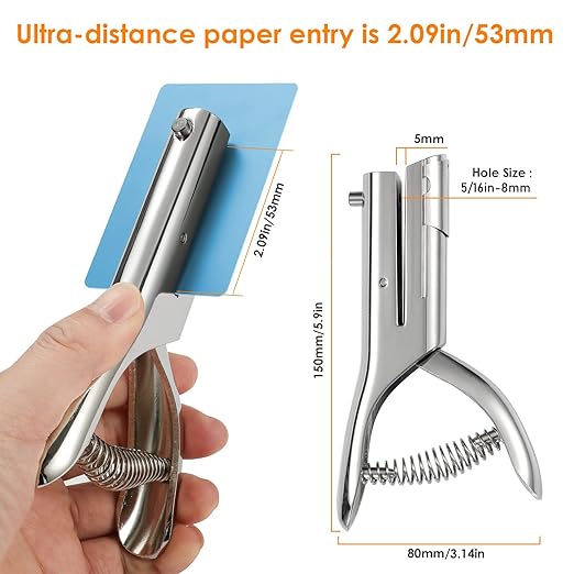 Hole Punch 5/16 inch Single Hole Punch,Heavy Duty Hole Puncher Single,Paper Punch Portable Hand Held Long Hole Puncher for Paper Cards Plastic Cardboard (Silver) (5/16"-8mm Hole)