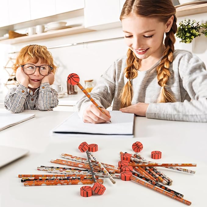 48pack Gifts Basketball Pencils and Erasers Stationery Pencils for Students Office School Classroom Rewards Supplies (basketball2)