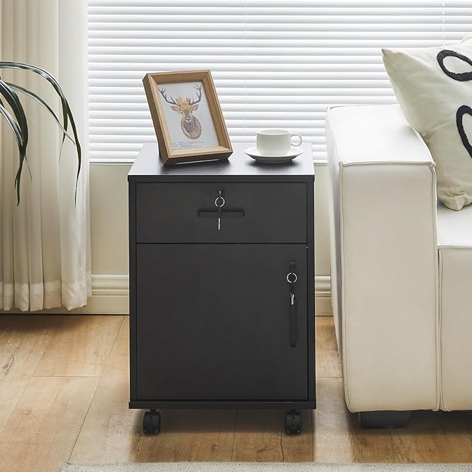 TUKAILAi Mobile File Cabinet with Lockable Drawer & Door, Under Desk Rolling Filing Cabinet with 4 Wheels, Wooden Stationery Storage Cabinet for Home Office (Black)