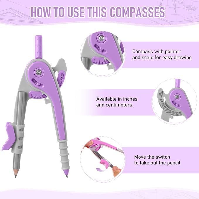 EBOOT Student Geometry Math Set, Drawing Compass and 6 Inch Clear Swing Arm Protractors 180 Degree Math Protractor (Lavender Purple)