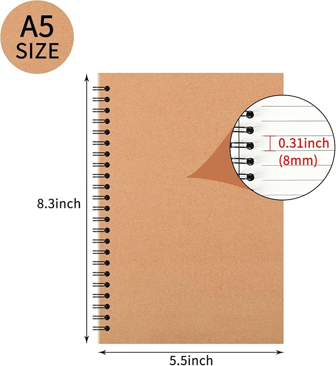 24 Pack A5 Spiral Notebooks Journal with Kraft Cover, 5x8 Inches, Ruled Lined Paper, for Work, Sketches, Study, Notes Taking, Gifts, Brown (24 PCS(Lined))