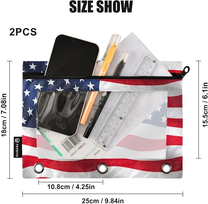 Waving USA American Flag Pencil Pouch for 3 Ring Binder, 2 Pack Waterproof Pencil Bags Clear Window Zipper School Office Supplies