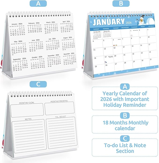 SKYDUE Desk Calendar 2025-2026, 18 Months Calendar from Jul. 2025 to Dec. 2026, 8.5" x 7" Standing Flip Small Desk Calendar Holiday Theme