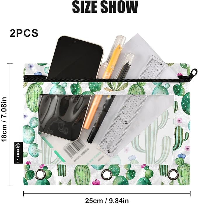 ALAZA Pencil Pouch for 3 Ring Binder, Watercolor Cactus Cacti Binder Pencil Pouches with Clear Window Zipper Pencil Case Cosmetic Bags for Office College Supplies, 2PCS