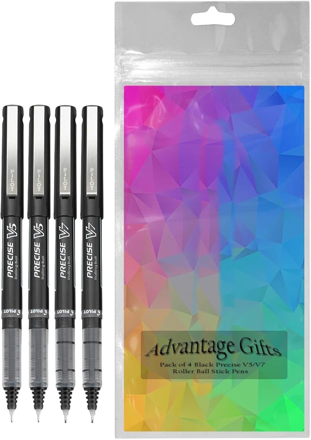 Precise V5/V7 Stick Rolling Ball Pens, Fine and Extra Fine Point, Assorted Points Black Ink, 4-pk; Bundle with Plastic Reusable Pouch
