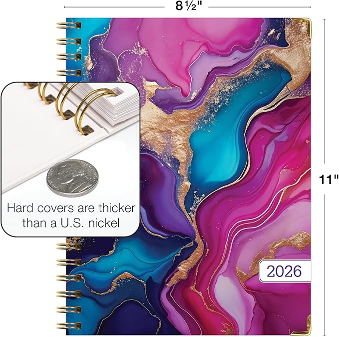 HARDCOVER 2026 Planner, 8.5"x11": 14 Months (November 2025 - December 2026), Daily Weekly Monthly Planner, Yearly Agenda, Bookmark, Pocket Folder and Sticky Note Set (Pink Purple Marble)