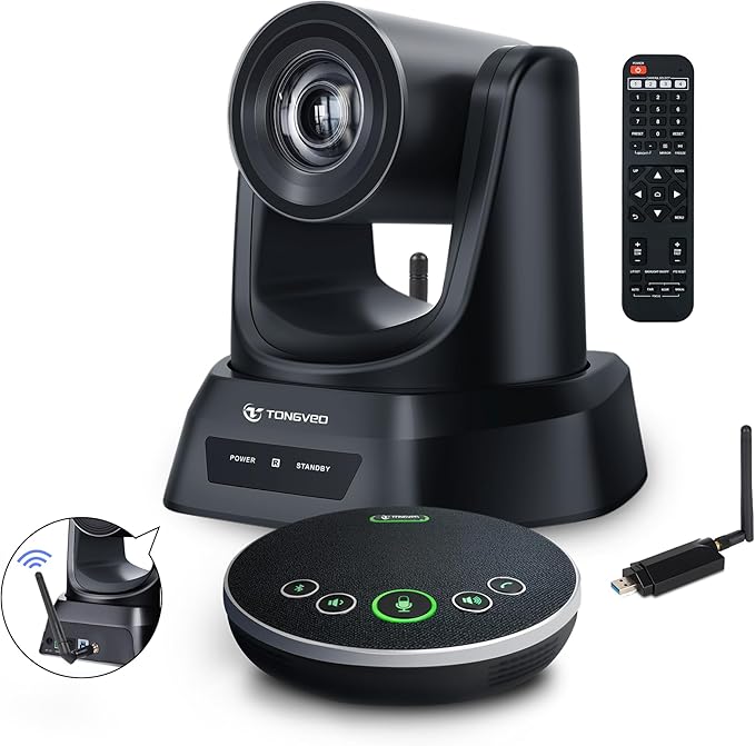 5.8GHz Wireless Conference Room Camera System | 3X 60fps PTZ Camera with Bluetooth Microphone, 50ft Range, Compatible with Zoom, OBS - Easy Setup for Worship and Online Meetings