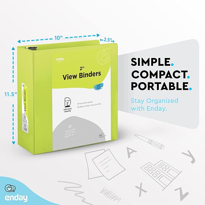 2 Inch 3 Ring Binder 2” Green, Slant D-Ring 2 in Binder Clear View Cover with 2 Inside Pockets, Heavy Duty Colored School Supplies Office and Home Binders – by Enday