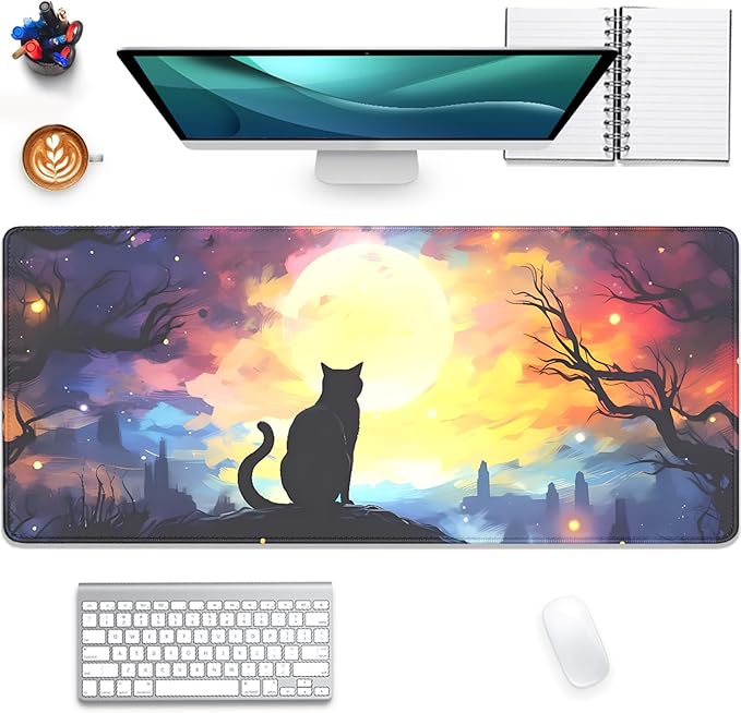 Black Cat Starry Night Mouse Pad Desk Mat,Large Extended Gaming Mouse Pad with Stitched Edges,Non-Slip Waterproof Rubber Base for Office,Computer,Keyboard,Laptop and Home Desk Pad(27.5X11.8 in)