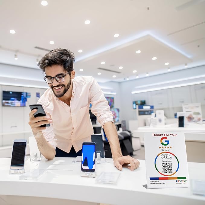 NFC Tap Stand (1-Pack) by Review Highway - Compatible with Google Reviews - NFC Tap & QR Scan for Instant Reviews - Boost SEO - iPhone/Android Compatible – Reusable and Zappy Fast (White, 1 Stand)