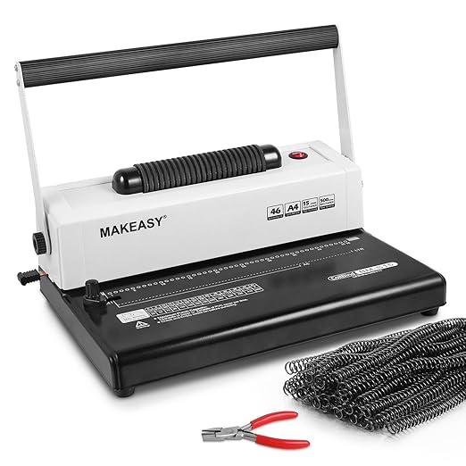 MAKEASY Coil Spiral Binding Machine - Manual Hole Punch - Electric Coil Inserter - Adjustable Side Margin - for Letter Size/A4/A5, Comes with 1 Box 5/16'' Plastic Coil Binding Spines & Plier