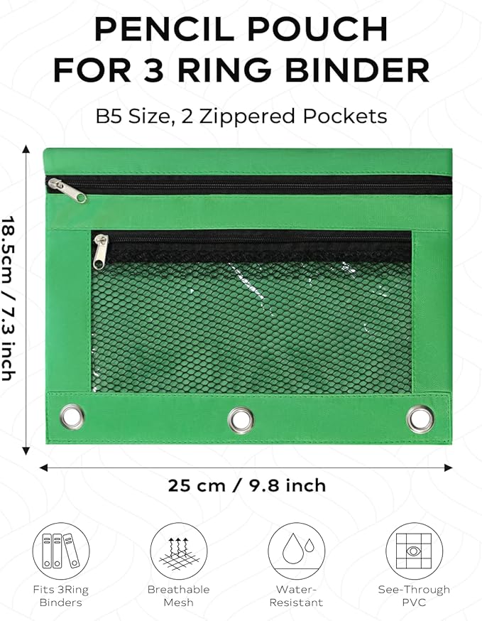 3 Ring Binder Pencil Pouch - School Pencil Case with 2 Zippered Pockets, Clear Mesh Window Pencil Bag, B5 Size, Back to School Gifts (Green)