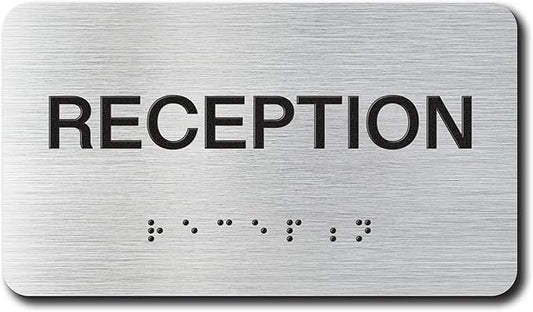 RECEPTION Signs with Raised Text & Grade 2 Braille, Brushed Aluminum/Silver Finish Easy Install with Double-Sided Tape, ADA Compliant Office Door Sign