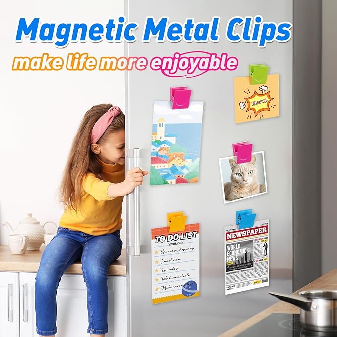 VNDUEEY 8 Pack Strong Magnetic Clips, Fridge Magnets Refrigerator Magnet, Magnetsfor Whiteboard, Magnet Clips Heavy Duty, Assorted Colors Strong Clip with Magnets for Home, Classroom, Office