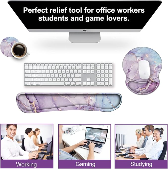 ArtSo Mouse Pad Keyboard Wrist Rest Support Ergonomic, Upgraded Cushion Mousepad Gel Memory Foam Non-Slip Rubber Base Pain Relief & Easy Typing for Home,Office, Purple Blue Marble