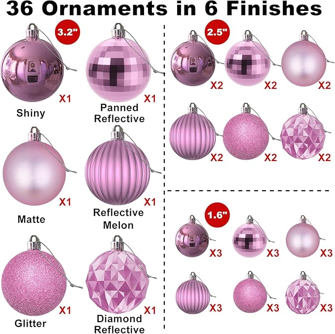 Bubblegun Pink Christmas Ornaments - Christmas Tree Decorations Shatterproof Hanging Balls for Birthday Wedding Holiday Decor Set of 36pcs, Multi-Sizes(1.6",2.5",3.2")