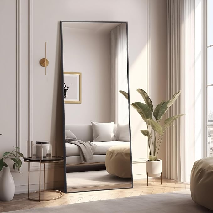 MELOMOIR 56"x18" Full Length Mirror, Floor Mirror with Stand Hanging or Leaning, Aluminum Alloy Frame Full Body Mirror for Bedroom Living Room Cloakroom Hallway, Wall Mirror Full Length, Black