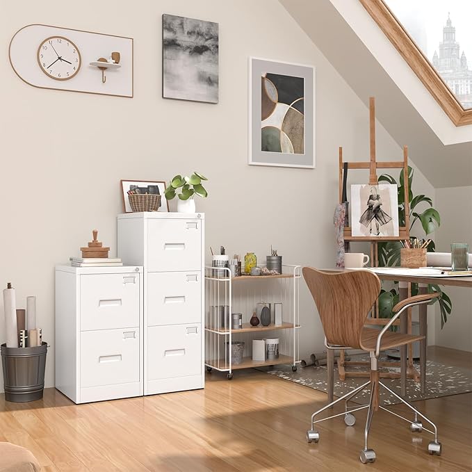 INTERGREAT 2 Drawer File Cabinet, White Metal Filing Cabinet with Lock, Lockable Narrow Storage Cabinet with 4 Adjustable Hanging Rods for Home Office