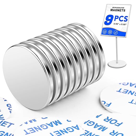 LOVIMAG Super Strong Magnets with Double-Sided Adhesive, Powerful Rare Earth Magnets, 9Pack Disc Fridge Magnet for Craft, DIY, Cabinet, Office, Refrigerator - 0.98 inch x 0.08 inch