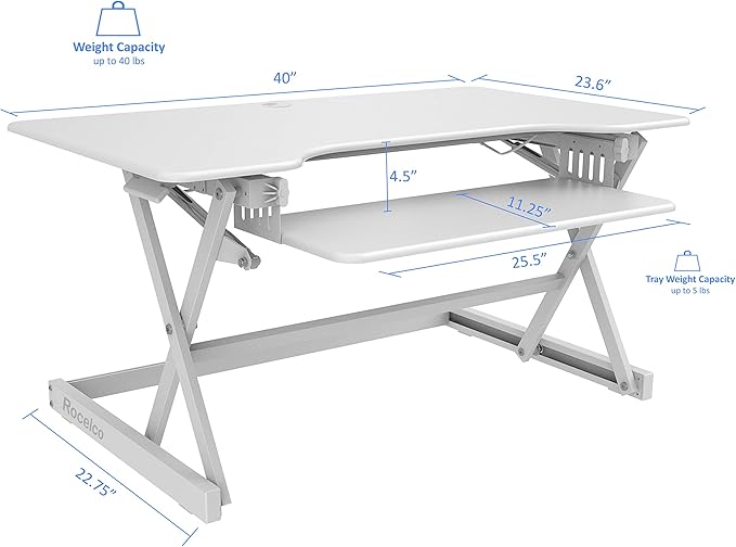 Rocelco 40" Large Height Adjustable Standing Desk Converter - Quick Sit Stand Up Dual Monitor Riser - Gas Spring Assist Computer Workstation - Retractable Keyboard Tray - White (R DADRW-40)
