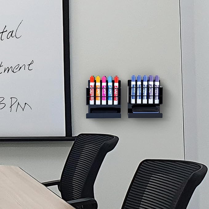 MyGift Wall Mounted Dry Erase Whiteboard Marker Holder Stand with 10 Marker Slots and Eraser Holder, Black Set of 2