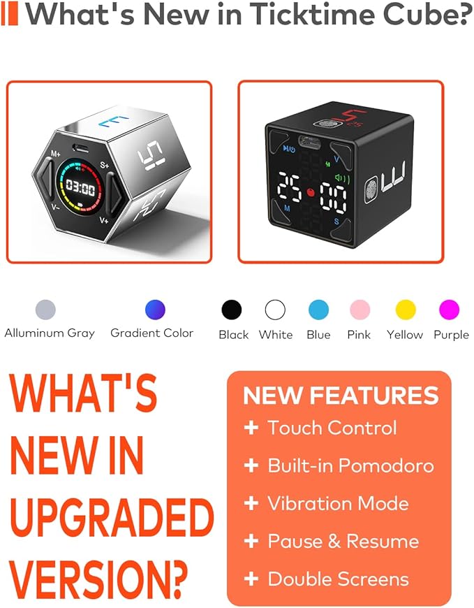 Pomodoro Timer Cube, Productivity Timer, Pause & Resume, Silent, Vibrate & Adjustable Sound Alert, for ADHD, Task, Work, Study, 1/3/5/10/15/25/45/60min & Custom Countdown, Black