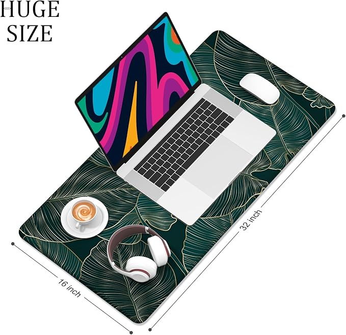 Desk Mat, 32" x 16" XXL Extended Large Gaming Mouse Pad, Desktop Decor Desk Pad, Cute Men Women Office Supplies and Accessories, XL Mouse Mat for Laptop & Keyboard, Teal Tropical Leaves